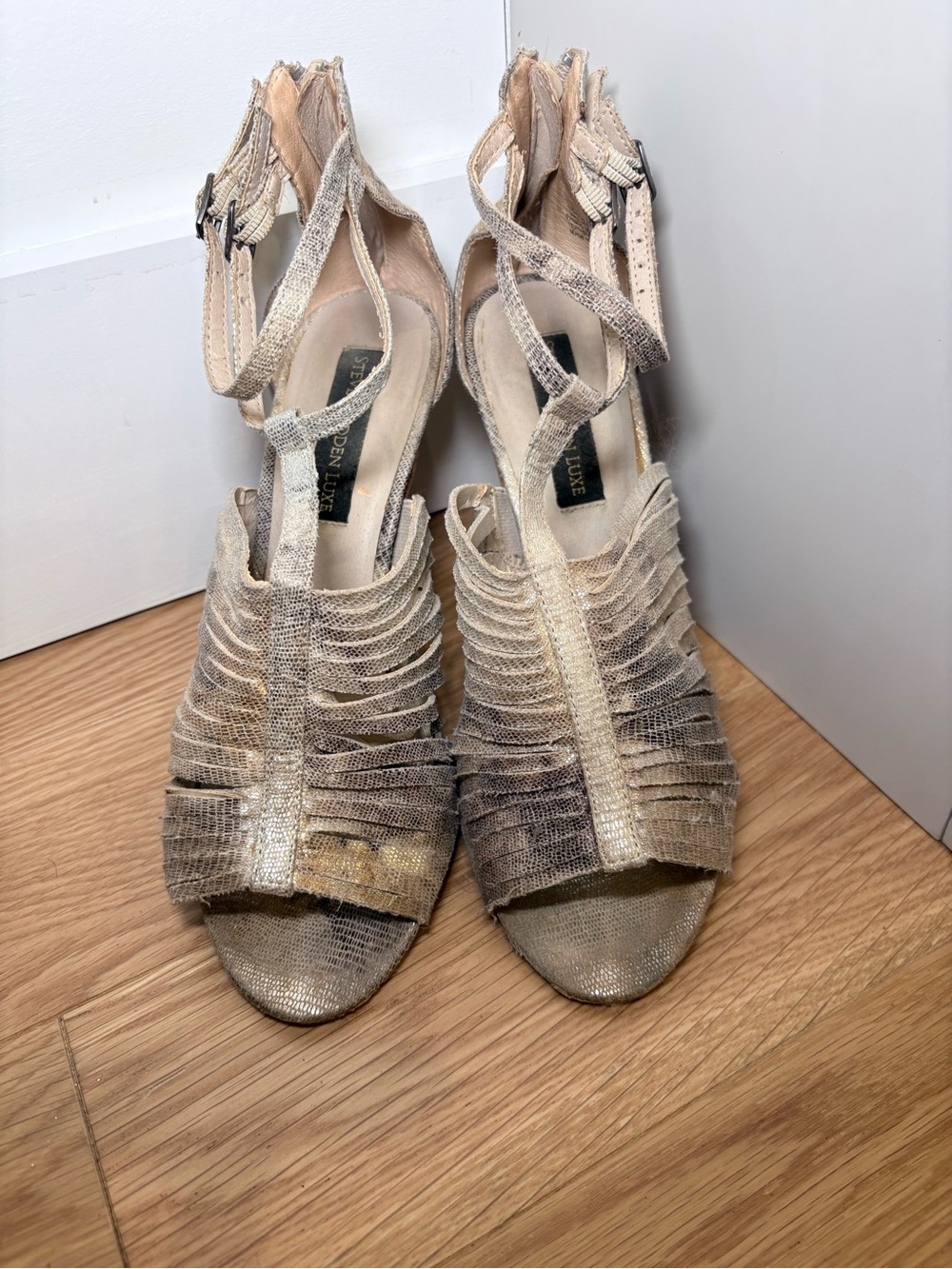 Steve Madden Luxe Metallic Snakeskin Cage Heels Size 8.5